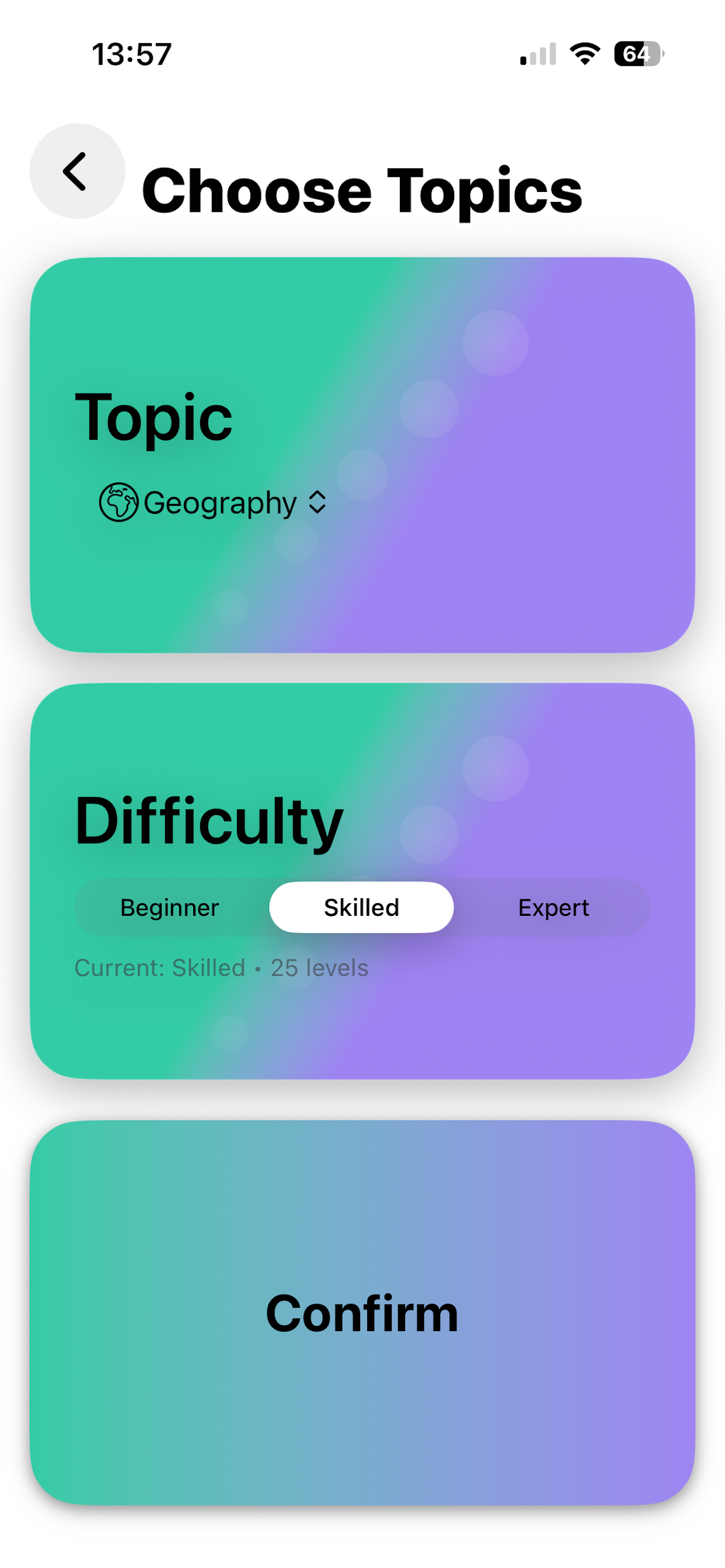 Topic selection screen
